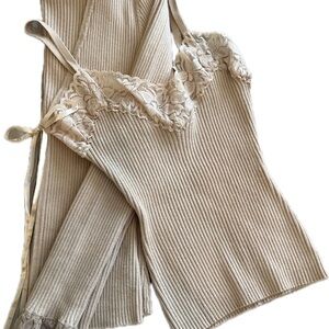 Charlotte Russe Ribbed Knit Cami and Cardi Set in Beige, Small